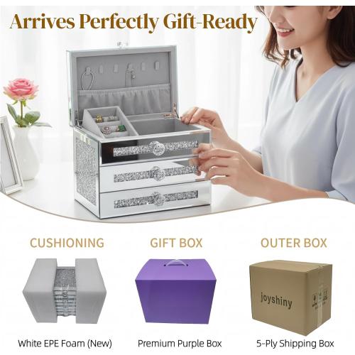 Mirrored Jewelry Box, 3-Layer Glass Jewelry Organizer with Lid & 2 Drawers, Silver Crushed Diamond Home Decor, Fancy Gift for Her (9.3 L x 6.3 W x 7.1 H)‼️ slight imperfection with diamonds on right side small light scratches on glass‼️