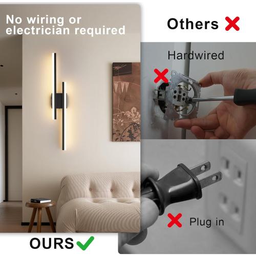 Modern Battery Operated Wall Sconce Set of 2,Dimmable Rechargeable Indoor Led Wall Sconce Lighting,Black Wireless Wall Lamps with Remote Control for Living Room Bedroom Bathroom Hallway