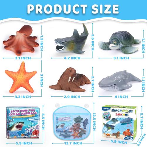 6 Pack Light Up Bath Toys & Magic Bath Book & Storage Bag for Toddler, No Hole Floating Ocean Animal with LED Flashing Colors, Glow Sensory Bathtub Toy for Kid, Water Table Toy, Gift for Boy Girl