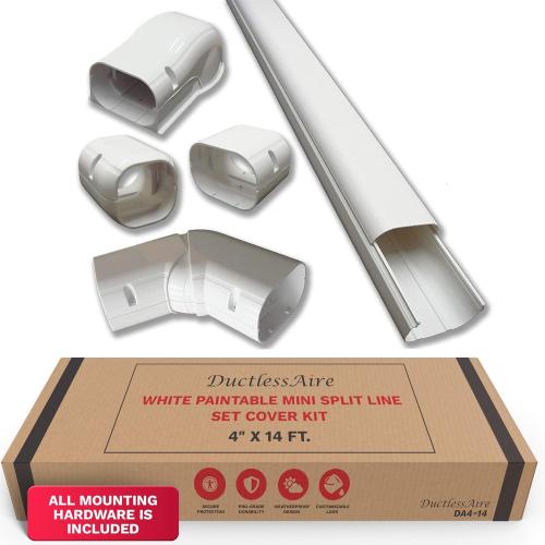 DuctlessAire White Paintable Mini Split Line Set Cover Kit - Cover for Ductless Mini Split AC & Heating System - Easy to Install Shield Kit with Wall Cap, Hide-A-Line, Coupler & End Cap (4 x 14 ft.)