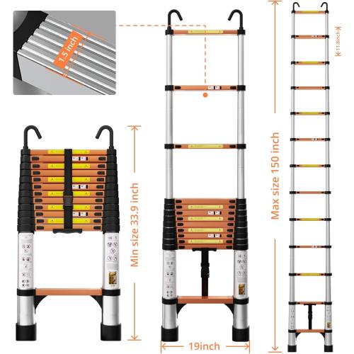 EvaStar 12.5FT Telescoping Ladder, Aluminum Lightweight Extension Ladder w/Hooks & Stabilizers, 330lbs Capacity Collapsible Ladders, Extension Telescopic Ladder for Home, Outdoor, RV - Orange & Silver
