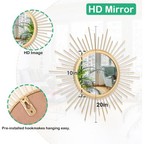 Large Gold Spoked Sunburst Wall Mirror Boho Home Decor Round Wall Art Mirror Modern Metal Mirrors for Wall Living Room Vanity Bathroom Bedroom Hallway Balcony Entryway 20