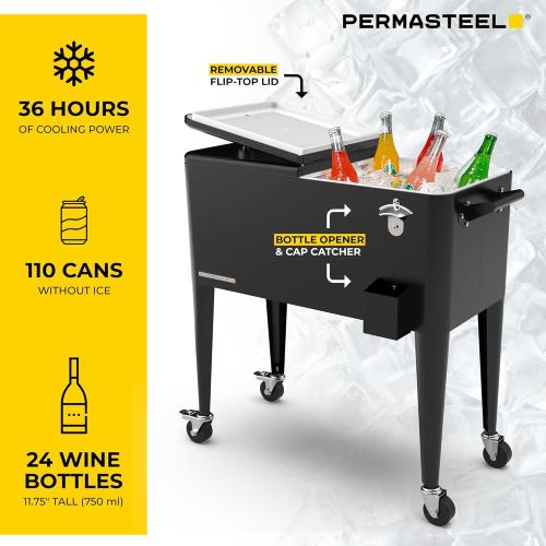 Permasteel 80 Quart Party Cooler, Rolling Ice Chest with Wheels and Handles for Indoor Outdoor Patio