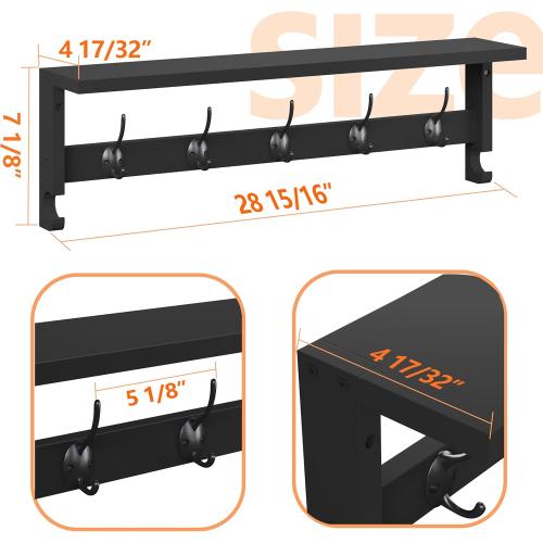 AMBIRD Coat Rack Wall Mount with Shelf, 28.9 Inches Coat Hooks Wall Mounted with 5 Hooks, Hat Wall Hooks for Hanging in Entryway, Living Room, Bathroom, Bedroom (Black, 28.9 * 4.5 inches)
