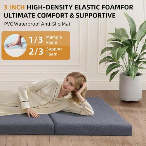 Foldable Memory Foam Mattress - 3 Inch Cot Waterproof Collapsible Mattress with Washable Cover, Portable Guest Bed Pad, Sleeping Mat for Travel RV Yoga, Non-Slip Bottom,72x24x3