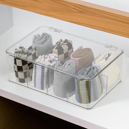 Plastic Clear Storage Containers, Set of 2 Tea Bag Organizer Boxes 8 Compartments with Lids, Underwear Tie Drawer Organizer, Dresser Organizer (10.8×7×3.7)