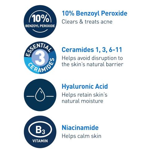 CeraVe Acne Foaming Cream Wash, Gentle Face and Body Cleanser with Benzoyl Peroxide 10%, Hyaluronic Acid, and Niacinamide, 10% Benzoyl Peroxide Treatment Clears Pimples and Blackheads 5 Oz