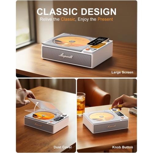 Leapwell CD Player Portable Bluetooth Desktop CD Players for Home with Speakers Rechargeable Small Retro CD Player with LCD Screen Optical USB White