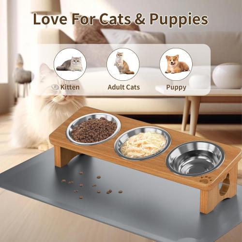 Elevated Cat Bowls with 3 Stainless Steel Bowls | 15° Tilted Anti-Vomiting Raised Cat Food Bowl with Solid Wood Stand and Silicone Pad for Cats and Small Pets Bowl(Warm Chestnut)