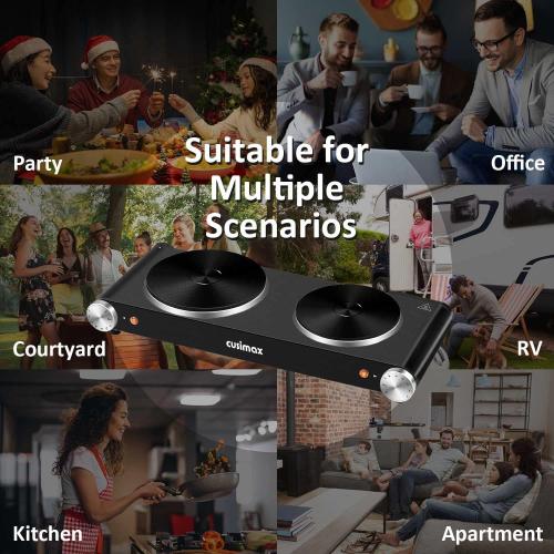 Cusimax Hot Plate for Cooking 1800W Portable Electric Double Burner Countertop Cooktop Cast Iron Stove Heating Plate with 7 Power Levels Adjustable Temp Control, Compatible for All Cookwares