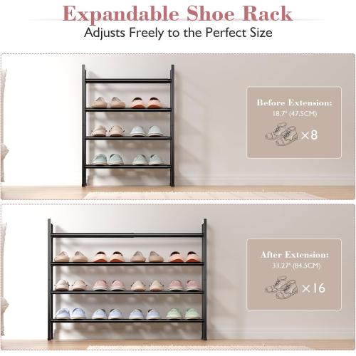 Bumusty 4-Tier Expandable Shoe Rack for Closet, 18“-33” Adjustable Shoe Rack for Small Space, Small Shoe Organizer for Front Door, Sturdy Metal, Black