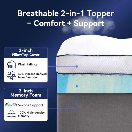 KING Dual Layer 4 Inch Memory Foam Mattress Topper KING , 2 Inch Cooling Gel Memory Foam and 2 Inch Soft Pillow Top Mattress Pad Cover for Back Pain Relief, with Elastic 21 Deep Pocket