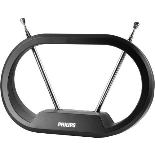 Philips Modern Loop Rabbit Ears Indoor TV Antenna, 15 inch Extendable Dipoles, 4K 1080P VHF UHF, Tabletop Antenna, Digital HDTV Antenna, Smart TV Compatible, 4ft Coaxial Cable, Black, SDV7114A/27