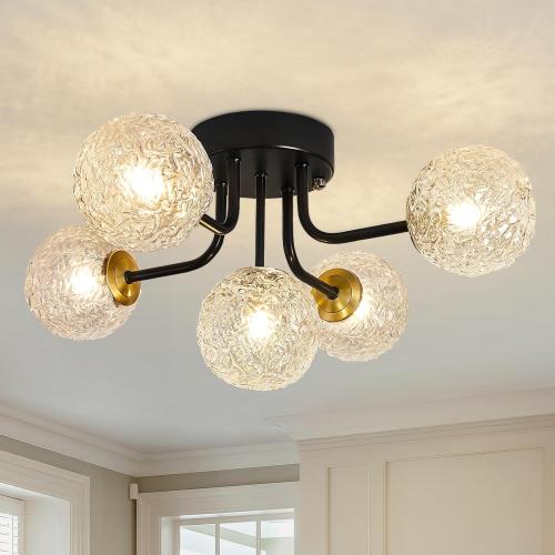 Semi Flush Mount Ceiling Light Black 5-Lights Sputnik Ceiling Light Mid Century Modern Clear Glass Globe Close to Ceiling Light for Bedroom Kitchen Entryway Closet
