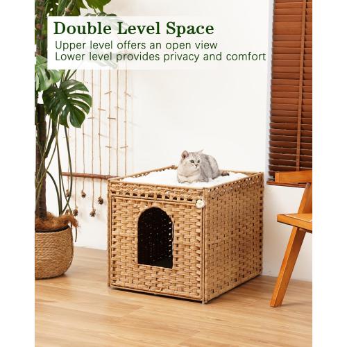 SETVSON Cat Litter Box Enclosure Furniture, Large PE Rattan Cabinet,Natural | Large PE Rattan Kitty House fits Large Litter Boxes, Included Litter Mat, 2 S-Hooks, Metal Frame, 21.6x26x21.6 In Cat Cabinet