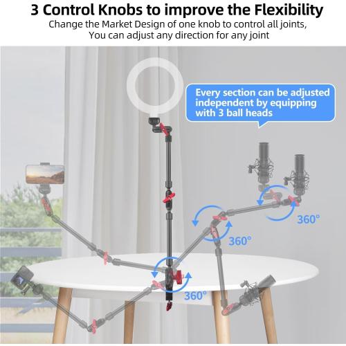 HEMMOTOP 22in Magic Arm with Clamp, Long Articulating Arm Camera Mount, Adjustable Phone Mount Holder 360° Rotation, Mic Arm for Microphone, LED Lights, for iPhone, Tripod, Desk, Table