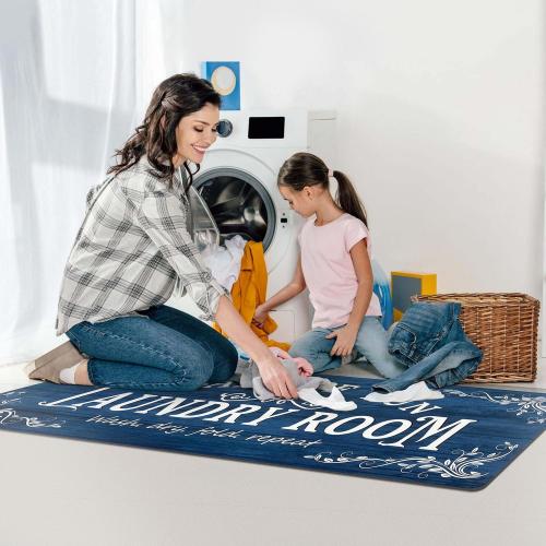 Laundry Room Rug Runner 20x48 Non Slip Waterproof Laundry Mats for Laundry Room Decor Washable Floor Farmhouse Laundry Rug for Mudroom, Washroom, Bathroom, Navy Blue