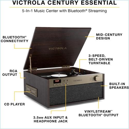 Victrola Century Essential - 5-in-1 Vinyl Record Player & Music Center – 3-Speed Turntable, CD Player, VINYLSTREAM, Bluetooth & 3.5mm Aux, Record Player with Speakers, Mid Century Design (Walnut)