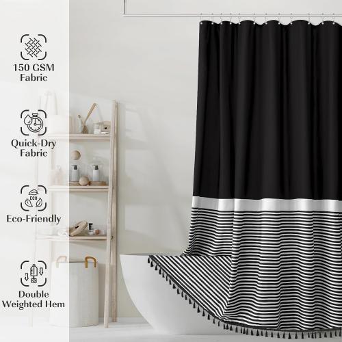 Seasonwood Extra Long Shower Curtains 96 inches Modern Farmhouse Boho Shower Curtains for The Bathroom Waterproof Cloth Black and White Striped Shower Curtain Set