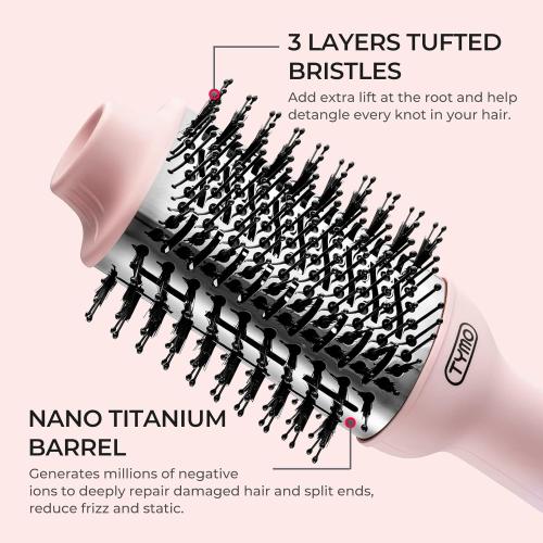 TYMO Pink Volumizer Hair Dryer Brush with Titanium Barrel, 1200W, 3 Speeds, Nylon Bristles, Ionic Technology, Salon Long-lasting Hairstyles, Hot Air Brush for Women, Designed for 120V USA Outlets