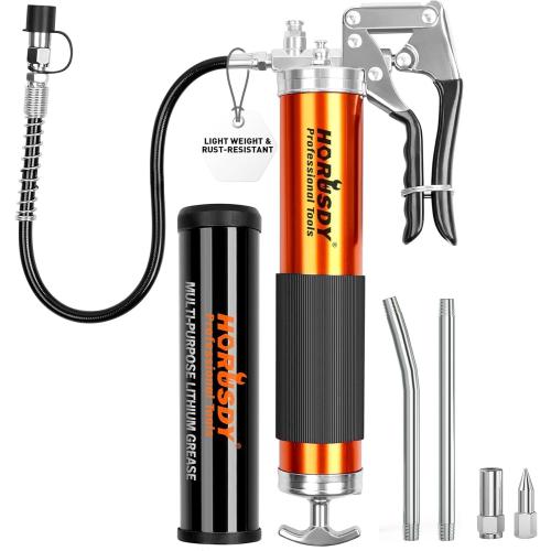 HORUSDY Heavy Duty Grease Gun with 14oz Grease Tubes | Grease Gun Flexible Hose | 7000 PSI | 18 Inch Spring Flex Hose | 2 Working Coupler | 2 Extension Rigid and 1 Sharp Type Nozzle Included