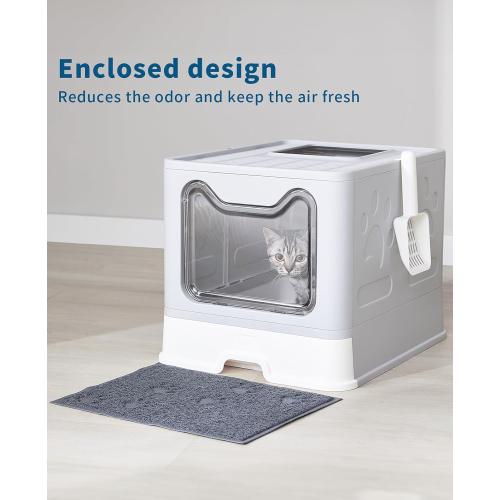 Medario Cat Litter Box with Litter Mat and Scoop, Large Covered Litter Box with Lid, Enclosed Kitty Box, Front Entry Top Exit, Odor Control, Easy to Clean (Grey)