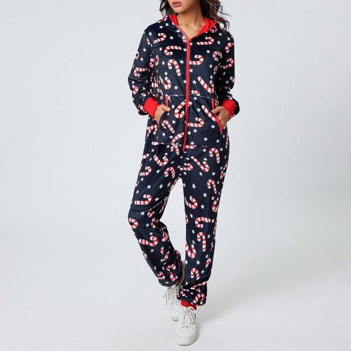KMBANGI Women XL Christmas One Piece Pjs Hooded Fleece Jumpsuit with Pocket Zipper Romper Printed Pajamas Holiday Sleepwear
