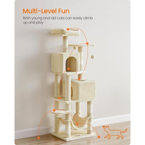(same brand model different) Feandrea Cat Tree, Cat Tower, Plush Multi-Level Condo with  Scratching Posts, Perches, Caves, Hammock, Pompoms, Beige UPCT192M01
