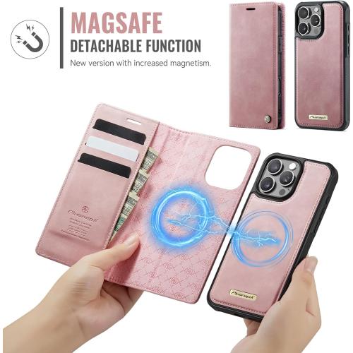 Wallet Case for iPhone 16 Pro Max Compatible with Magsafe, 2-in-1 PU Leather Flip RFID Blocking Card Holder Stand Shockproof Magnetic Detachable Cover for iPhone 16 Pro Max Case 6.9, Pink