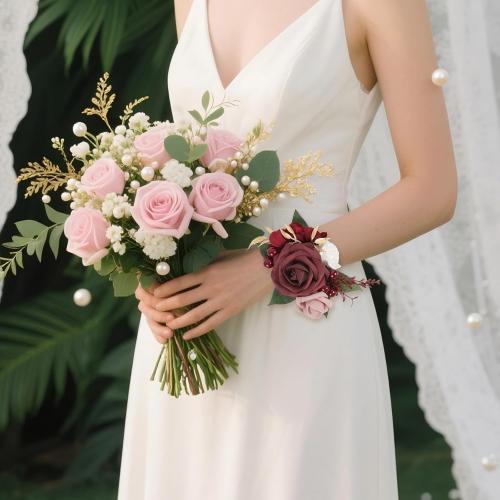 2Pcs Wedding Corsage and Boutonniere Set Burgundy Rose Corsage Wristlet and Boutonniere for Men Women Groom Bride Bridesmaid Groomsmen Wedding Party Accessory Prom Decoration (Burgundy)