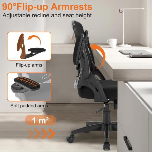 Office Chair, Ergonomic Computer Desk Chair with Adjustable Lumbar Support Comfy Breathable Mesh Chair with Flip-up Arms, Mid Back Swivel Executive Task Chair for Home Office 300lbs, Black