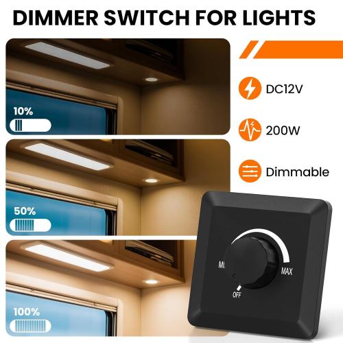 GZV 12V Dimmer Switch, 200W PWM Dimmer Switch - Adjustable Brightness for LED, Halogen, Incandescent & Strip Lights - Compatible with RV, Auto, Truck, Marine, Black