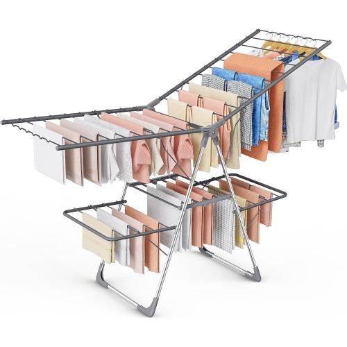 Sakugi Clothes Drying Rack, Foldable 2-Level Laundry Drying Rack with Height-Adjustable Wings, for Clothing & Bedding, Free-Standing Space-Saving Rack, Indoor & Outdoor, 70 L × 22.8 W, Gray