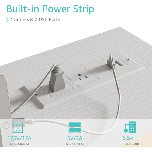 Lufeiya White Computer Desk with Power Outlet, 40 inch Simple Teen Study Table Home Office Work Writing Desks with Charging Station Outlets USB Port Built in, Storage Pocket，White