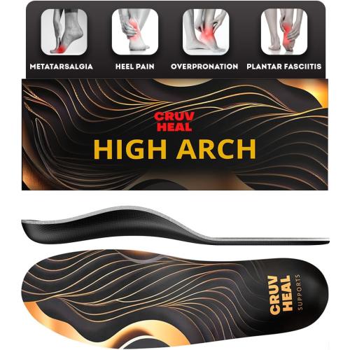 CRUVHEAL High Arch Support Inserts Men Women - Plantar Fasciitis - Comfort for Foot Pain Relief - Anti-Fatigue - Orthotic Shoe Insoles (XS, Black)