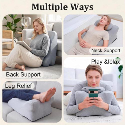 Ergonomic Contoured Support Pillow, Angle Wedge Memory Foam Pillow, Multi-Functional Neck Back Waist Pillow for Bed Sleeping & Reading, with Removable Pillowcase Light Gray