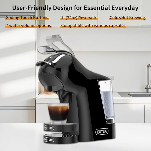 KOTLIE Single Cup Coffee Maker, Multi Capsule Machine Compatible With Various Capsule Types, 4 Temperature Settings, 7 Water Volume Levels,19 Bar(Glossy Black)