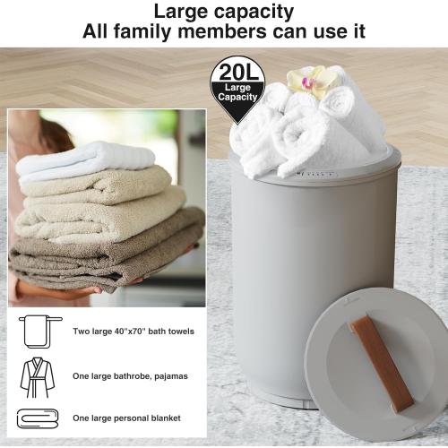 SAMEAT Heated Towel Warmers for Bathroom - Large Towel Warmer Bucket, Wood Handle, Auto Shut Off, Fits Up to Two 40X70 Oversized Towels, Gray