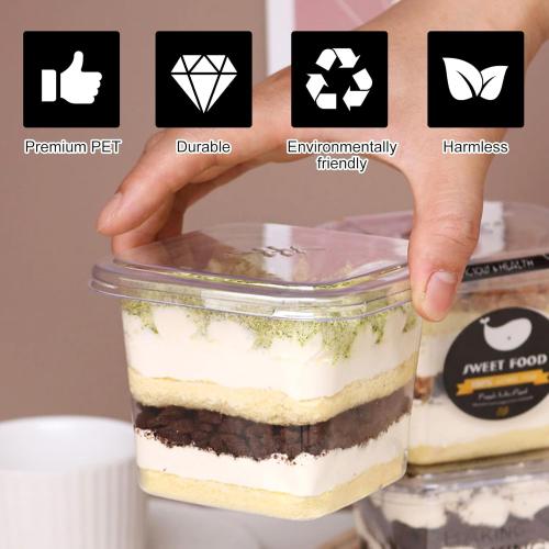Rainmae 12oz Disposable Plastic Dessert Cups with Lids Parfait Cups with Lids Fruit Cups with Lid Appetizer Cups Sporks Square Clear Cups for To Go Iced Coffee, Bubble Boba Tea, Milkshake 50-Pack