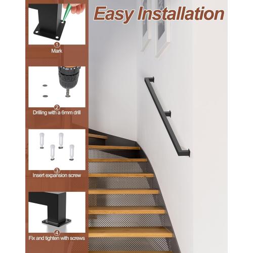 Square Tube Handrail,Wall Mount Staircase Handrail Modern Pipe Stair Industrial Stair Rail for Indoor Outdoor Steps,440lbs Load,Carbon Steel Non-Slip Grab Handle for Loft Porch 4 Section