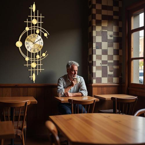 Wall Clock for Living Room, Silent Quality Quartz Battery Operated, Golden Metal Decorative Large Wall Clock for Kitchen,Home,Bathroom,Bedroom Home Decor,14.6x36.3inch