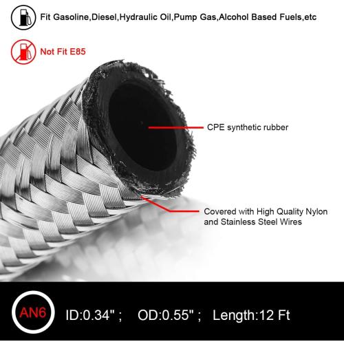 12FT 6AN 3/8 Fuel Line Hose Braided Stainless Steel w/6pcs AN6 Hose Fitting Kit