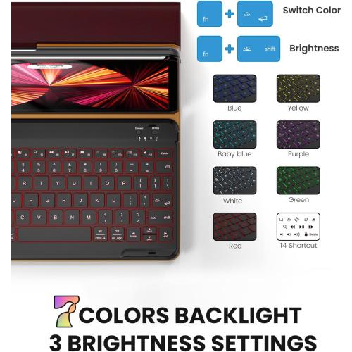 Leather Keyboard Case for iPad Air 5th 4th Generation 10.9 inch Pro 11 1st/2nd/3rd/4th, 7 Color Backlight BT Keyboard Folio with Pencil Holder 2022 2021 2020 2018 (Wine)