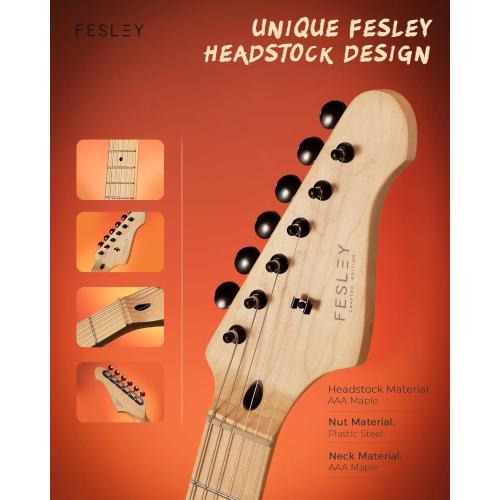 Fesley 39 Electric Guitar, Full Size Solid Body Electric Guitars For Beginner, ST Style, Maple Neck/Fretboard, Electric Guitar Kit With HSS Pickup, Gig Bag, Matte, Morandi Black