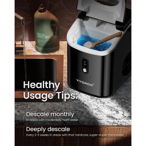 VIVIDMOO Nugget Ice Maker Countertop, 34lbs/Day, Portable Sonic Pebble Ice Maker with Self-Cleaning, Fast Ice in 6 Mins, Compact Crushed Pellet Ice Machine for Home/Office/Kitchen/RV/Camping, Black