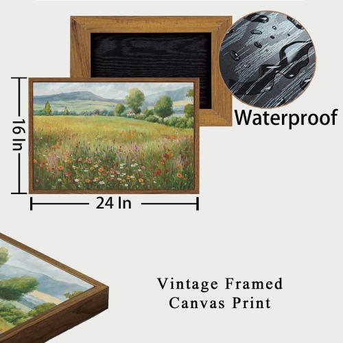 OIQArtOIQ Vintage Landscape Framed Wall Art Spring Countryside Colorful Wildflower Field Canvas Art Prints Farmhouse Cottagecore Pictures Wall Decor Rustic Meadow Paintings Artwork For Kitchen Bedroom