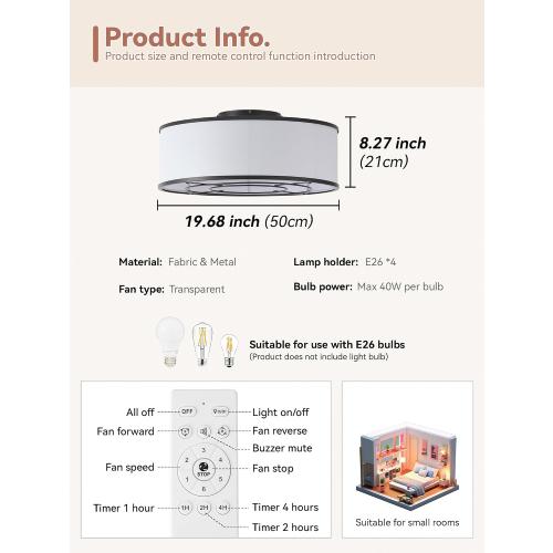 Low Profile Ceiling Fans with Lights, 20 Black Boho Ceiling Fan with Light Flush Mount and Remote Control, Drum Caged with 6 Speeds for Bedroom, Nursery, Living Room