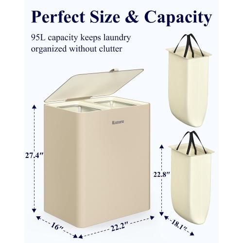 Kitsure Laundry Basket 160L – Large Laundry Hamper with Lid, 2-Compartment Divided Clothes Sorter with Removable Hamper Bags, Beige Organizer for Laundry Room, Bathroom & Bedroom, 22.2 x 16 x 27.4