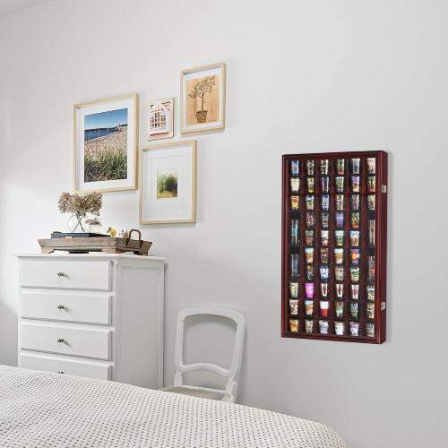 Shot Glass Display Case Cabinet Wall Rack Holder Shadow Box Lockable with UV Protection Acrylic Glass Door Shot Glass Collection Display with 56 Slots (Cherry Finish)