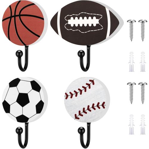 Marsui 4 Pcs Baseball Football Soccer Basketball Coat Hooks with 8 Screws, 2 Inch Sports Fan Themed Coat Hook Towel Hanger Storage Wood Metal Wall Art Sport Wall Mounted Decor(Single Hook)